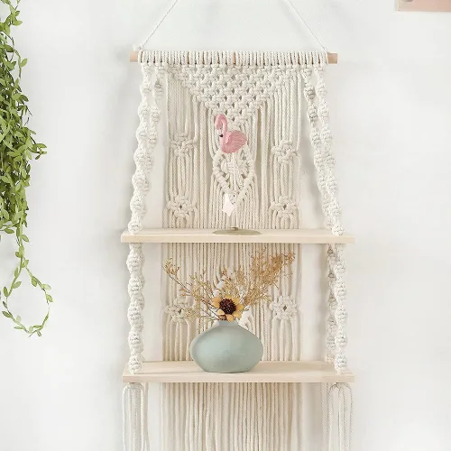 Vista 4 de Estante de macramé para colgar en la pared, estantes bohemios para colgar en la pared de plantas pequeñas, marcos de fotos, decoración del hogar, 2T