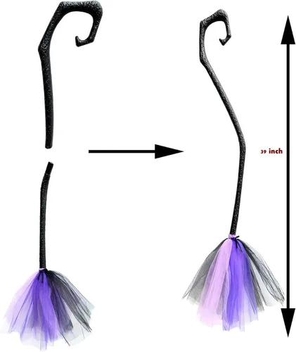 Vista 4 de Disfraz de murciélago para niñas, disfraz de tutú de bruja, disfraz de cosplay con escoba de bruja desmontable