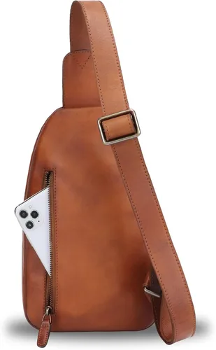 Vista 3 de Bolso bandolera de cuero genuino para el pecho, mochila cruzada casual, mochila vintage hecha a mano para senderismo, bolsa de motocicleta (marrón) M