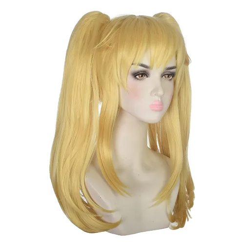 Vista 3 de FANNICA Kakegurui Peluca larga recta dorada con doble cola de caballo para anime Meari Saotome Cosplay Halloween