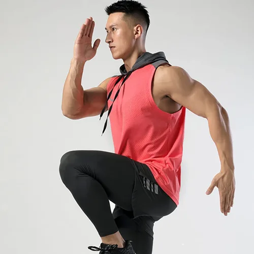 Vista 5 de Camisetas sin mangas con capucha para hombre, con capucha, recortadas, atléticas, para gimnasio, T55N