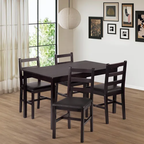 Vista 2 de FDW Mesa de comedor de madera de pino maciza de 5 piezas Marrón Mesa