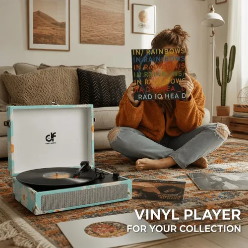 Vista 4 de Tocadiscos de vinilo Bluetooth con altavoces integrados, tocadiscos portátil vintage de 3 velocidades con auriculares de grabación USB/conector