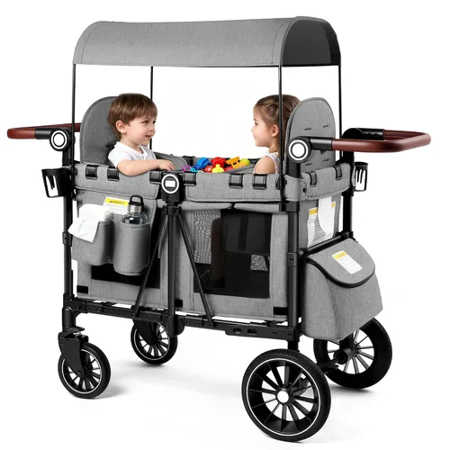 Vista 15 de Kinder King Cochecito Wagon para 4 niños, mango ajustable, gris