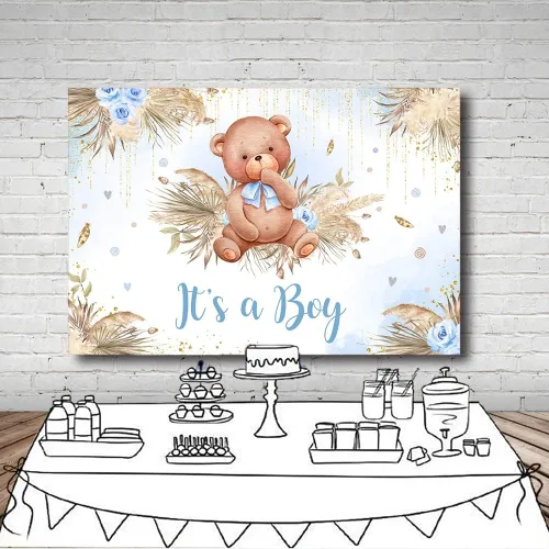 Vista 4 de MEHOFOND Telón de fondo bohemio para baby shower para niños, decoración de fiesta de baby shower, decoración bohemia de pampas Gass It's a Boy Baby
