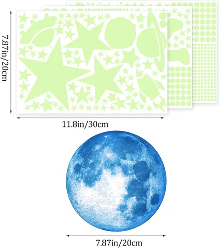 Vista 3 de Estrellas que brillan en la oscuridad para techo, calcomanías de pared de luna que brilla en la oscuridad y espacio, pegatinas de pared luminosas