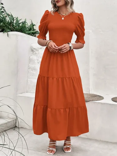 Vista 52 de BTFBM Vestidos para mujer, cuello redondo, casual, de verano, con volantes, manga corta, bohemio, con niveles, fruncido, largo, con estampado floral
