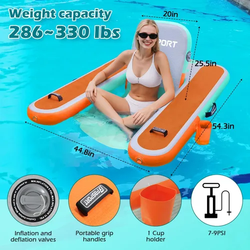 Vista 3 de FBSPORT Tumbona inflable para piscina para adultos, silla flotante de agua, balsa flotante de piscina con soporte para tazas y respaldo