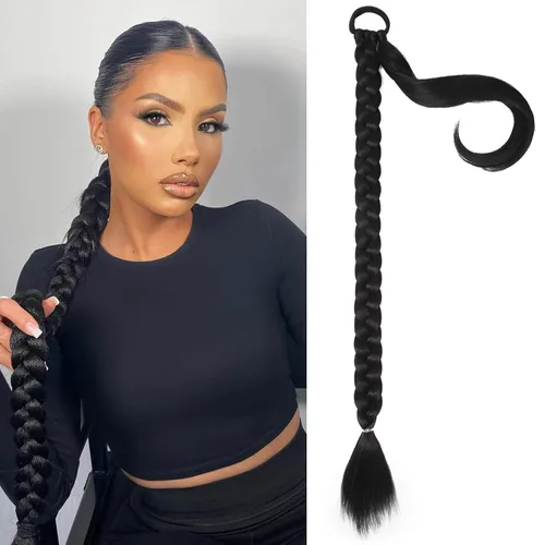 Vista 10 de Extensiones de cola de caballo trenzada de 20 pulgadas de largo para mujer, extensiones de cabello lacio envolvente con banda para el cabello, cola