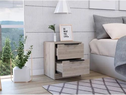 Vista 5 de Mesita de noche de madera, 2 cajones, mango de metal, mesita de noche moderna gris para cama, fácil montaje