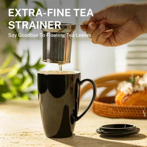 Vista 4 de Sweese Taza de té de porcelana de 15 onzas con infusor y tapa, taza de té de hojas sueltas, regalos para amantes del té, color negro