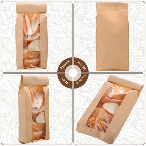 Vista 3 de Thenshop 100 bolsas de pan de papel con ventana para bolsas de pan caseras, bolsas de almacenamiento de pan de papel kraft marrón, embalaje largo