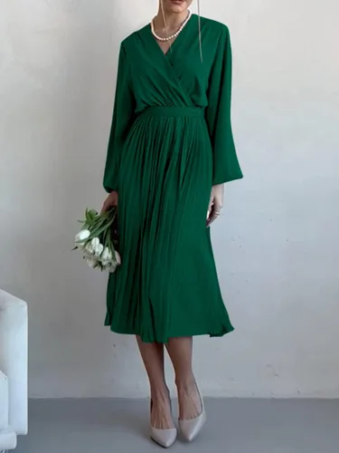 Vista 3 de PRETTYGARDEN Vestido Midi de Primavera para Mujer con Manga Larga Abombada, Cuello en V Envolvente, Fluido, con Volantes Plisados, Vestidos Casuales