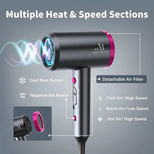 Vista 4 de ANNE BETTY Secador de pelo iónico con difusor, potente secador de pelo de 1800 W para mujeres y hombres, secador de pelo de secado rápido