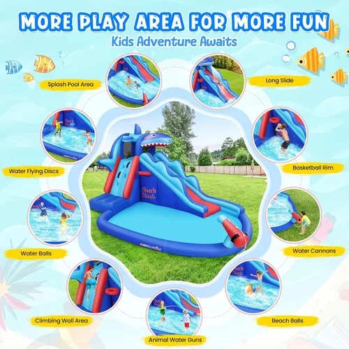 Vista 2 de AKEYDIY Toboganes acuáticos inflables, estilo tiburón, parque acuático inflable al aire libre con escalada, borde de baloncesto, piscina