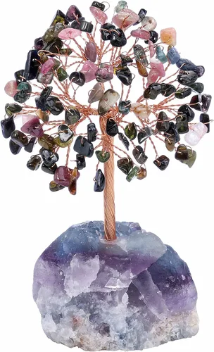 Vista 12 de Jovivi Árbol de cristal natural de 7 chakras, cristales curativos crudos, base de fluorita, árbol de dinero bonsái para el hogar, oficina