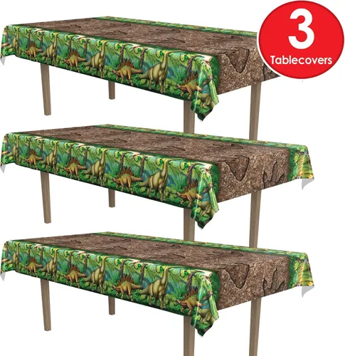 Vista 3 de Beistle Mantel de dinosaurio, 54 x 108 pulgadas, 3 piezas, mantel de plástico, decoración de mesa de dinosaurio, mantel de cumpleaños con temática