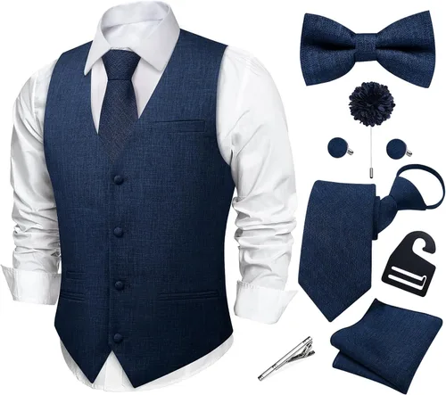 Vista 17 de DiBanGu Conjunto de corbata con cremallera y chaleco de lino para hombre Negro