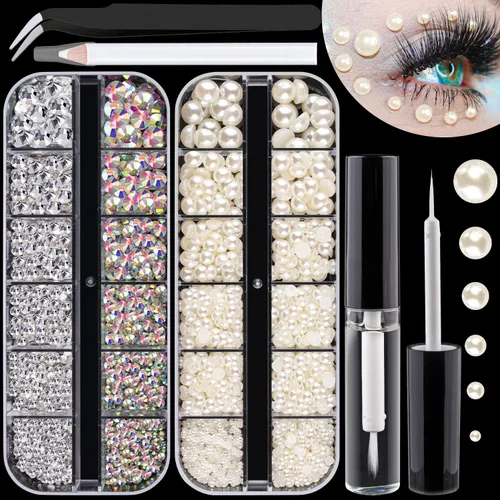 Vista 16 de Kit de diamantes de imitación y perlas con parte trasera plana, cristal redondo AB y gemas blancas transparentes+perlas blancas y beige