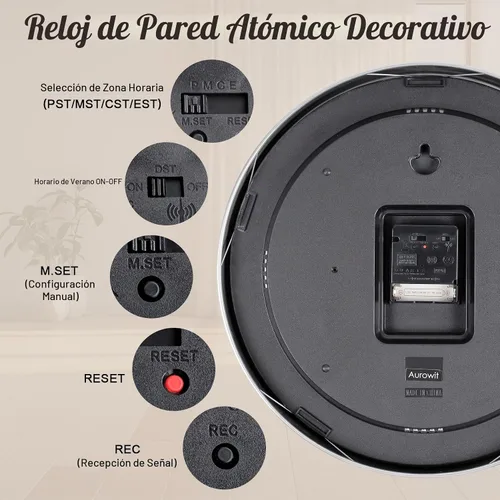 Vista 4 de Reloj de pared analógico atómico de 14 pulgadas, funciona con pilas, reloj de pared controlado por radio, juego automático de reloj de pared