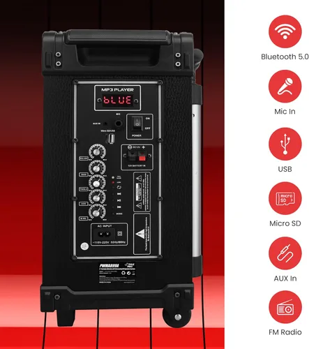 Vista 3 de PWMA899A - Sistema de altavoz Bluetooth inalámbrico portátil de 8 pulgadas, batería recargable incorporada, micrófono inalámbrico, USB/Micro SD/FM