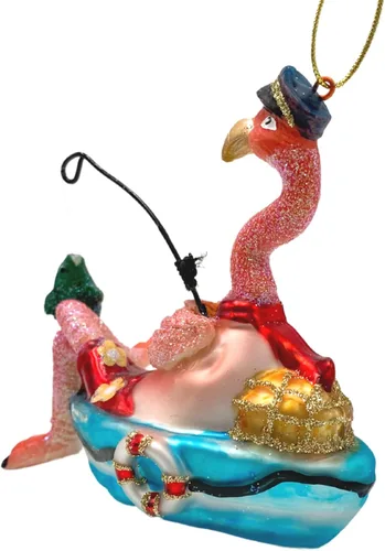 Vista 4 de Adorno de cristal para árbol de Navidad de flamenco de pesca, decoración náutica de playa rosa, accesorios para colgar, 5 x 2 x 4 pulgadas