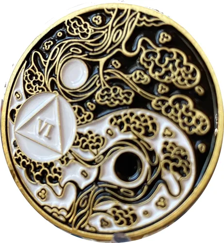 Vista 3 de RecoveryChip Medallón AA de 6 años Sakura Árbol Flor de Cerezo Ying Yang Medallón de Oración de Serenidad Blanco y Negro, Pequeño, Latón, No es una