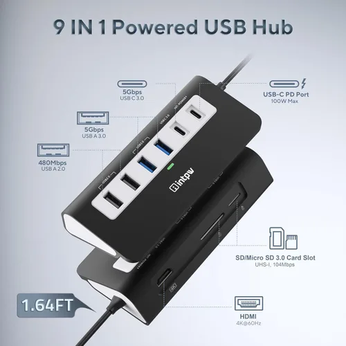 Vista 2 de P9 USB C Hub, INTPW 9-en-1 Adaptador USB Multipuerto con HDMI 4K, PD 100W, USB-C y 2 USB A 3.0 5Gbps, 2 USB A 2.0, Lector de Tarjetas SD/TF, Hub USB