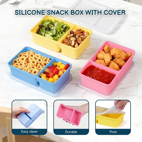 Vista 3 de Paquete de 3 recipientes de silicona con tapas, 12 onzas de doble compartimento reutilizable, caja Bento para niños, cajas de almacenamiento