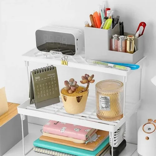 Vista 7 de Estante apilable para gabinete, estante plegable de plástico para armario de cocina, estante de almacenamiento de escritorio, estante organizador