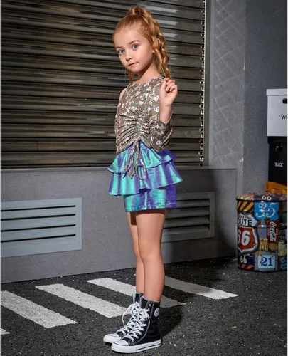 Vista 3 de Pantalones cortos metálicos plisados para niñas, con volantes brillantes, para patinadora, danza, cintura elástica, pantalones con gafas de sol