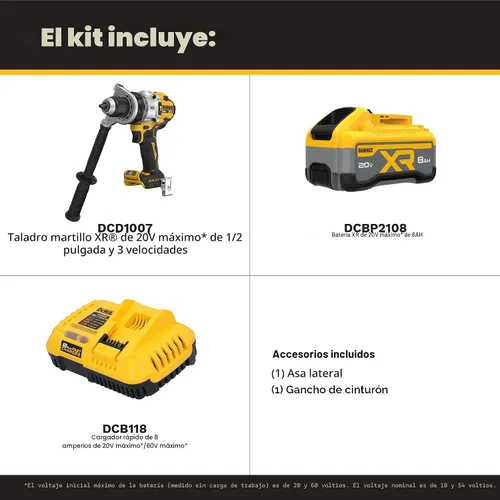 Vista 2 de DEWALT Kit de taladro de martillo inalámbrico de 1/2 pulgada MAX XR de 20 V con batería de 8 Ah y cargador (DCD1007WW1)