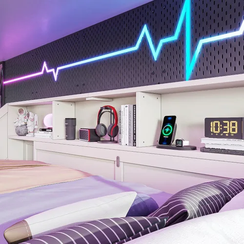 Vista 5 de Cama loft para juegos con escaleras de almacenamiento/estantes de cabecero Beige-e
