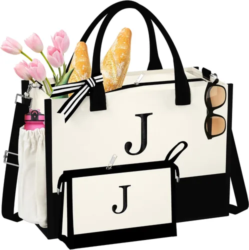 Vista 8 de Bolsa de Lona con Inicial - Bolsas de Compras Reutilizables, Canasta de Regalos de Cumpleaños para Damas de Honor, Amigas y Maestras for