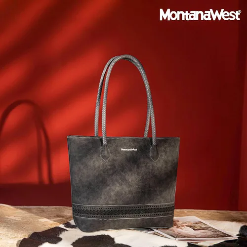 Vista 2 de Montana West Bolsas Tote Tejidas para Mujeres, Carteras y Bolsos de Mano con Bolsillo Trasero con Cremallera *Tejido negro