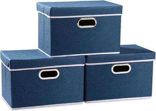 Vista 53 de PRANDOM Contenedores de almacenamiento con tapas [paquete de 3] cajas de almacenamiento plegables de tela de lino, canastas organizadoras, cubos