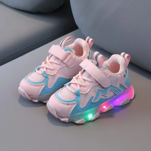 Vista 2 de Zapatillas de deporte para niños, luz luminosa LED para niñas, zapatos de bebé para correr, deportes de malla para bebé, zapatos de niña