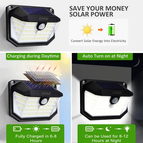 Vista 6 de Luces solares para exteriores, 230 LED con sensor de movimiento y 3 modos, impermeabilidad IP65, luz de ángulo amplio de 270°, luces de pared