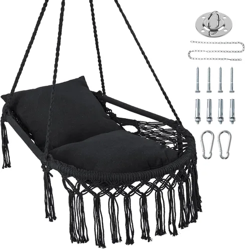 Vista 10 de Happygrill Silla de columpio, hamaca de macramé con cojín de asiento redondo, cuerdas de algodón de poliéster resistentes y anillos de metal Beige