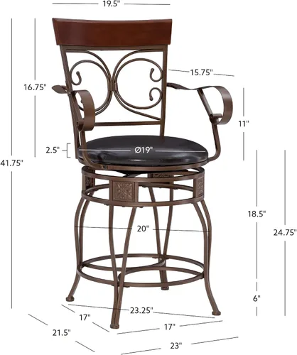 Vista 3 de Powell Dayne - Taburete grande y alto de 24 asientos con brazos en metal de bronce oscuro con asiento acolchado de piel sintética marrón oscuro