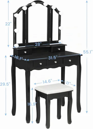 Vista 7 de Tiptiper Tocador de maquillaje con espejo y taburete triple iluminado