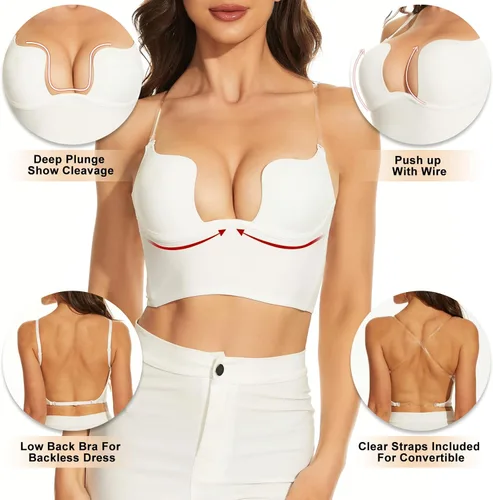 Vista 2 de Brasier de espalda baja para mujer, con alambre de elevación profunda en forma de U, sin espalda, con correas transparentes convertibles