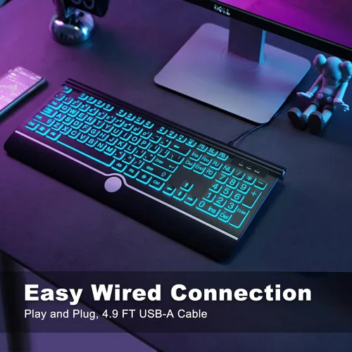 Vista 7 de Teclado de computadora retroiluminado de letras grandes, teclado retroiluminado de 7 colores con reposamuñecas, USB Plug-and-Play, teclas de letras