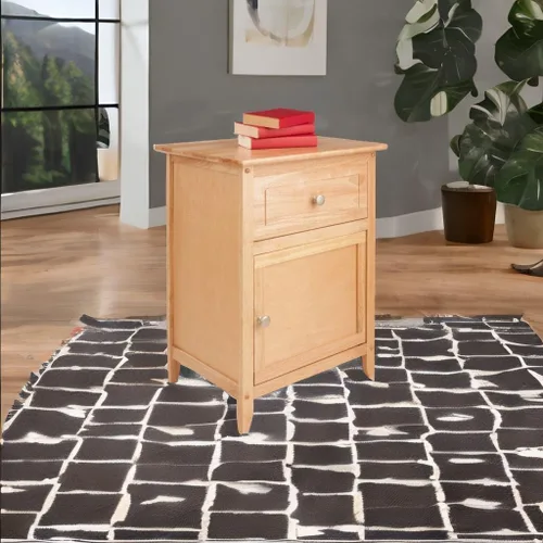 Vista 2 de Ergode Mesa decorativa Eugene de madera, diseño versátil y atemporal, acabado lacado transparente, cajón extraíble y compartimento inferior, fácil