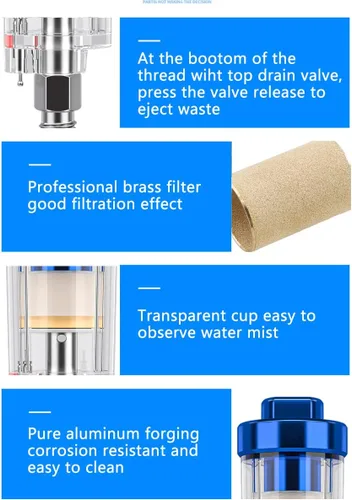 Vista 5 de Separador de aceite de agua, mini filtro de aire en línea, filtro de aerógrafo de entrada y salida NPT de 1/4 de pulgada, separador de humedad, uso