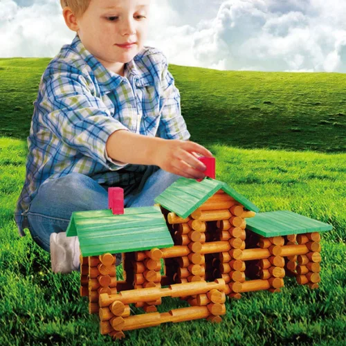 Vista 3 de SainSmart Jr. Juego de 450 piezas de cabaña de madera para niños pequeños, kit de construcción clásico STEM con bloques de troncos de madera