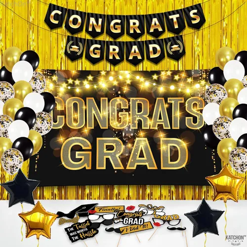 Vista 6 de Gran juego de globos de graduación dorados 2022 – Suministros para fiesta de graduación 2022 Decoraciones de graduación en negro y dorado 2022