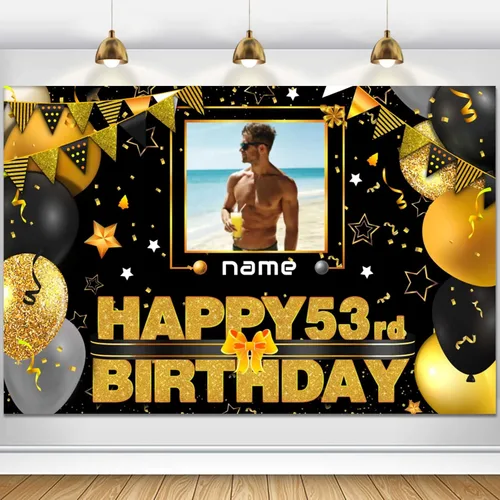 Vista 43 de Cartel decorativo personalizado de feliz cumpleaños número 100 - Personalización disponible - Negro y dorado - Tamaño grande - Admite fotos