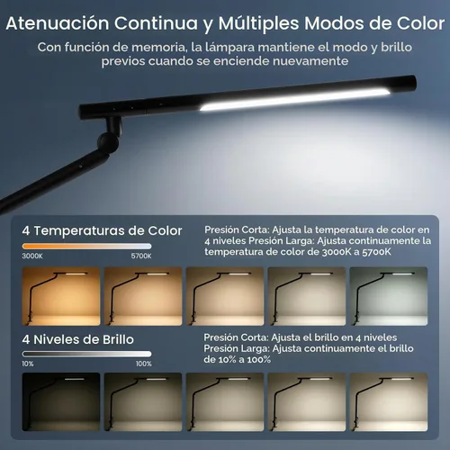 Vista 3 de Pak Lámpara de escritorio LED con abrazadera, luz de escritorio de arquitecto de doble luz de 18 W, interruptor de sensor de luz RGB con brazo