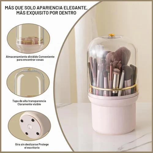 Vista 9 de THE LIMIT Caja organizadora de maquillaje giratoria de 360 grados, resistente al polvo, impermeable, 6 compartimentos, soporte para brochas